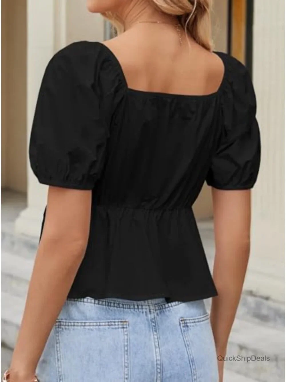 Deep V Neck Peplum Crop Top Ruffle Hem Puff Short Sleeve Blouse
